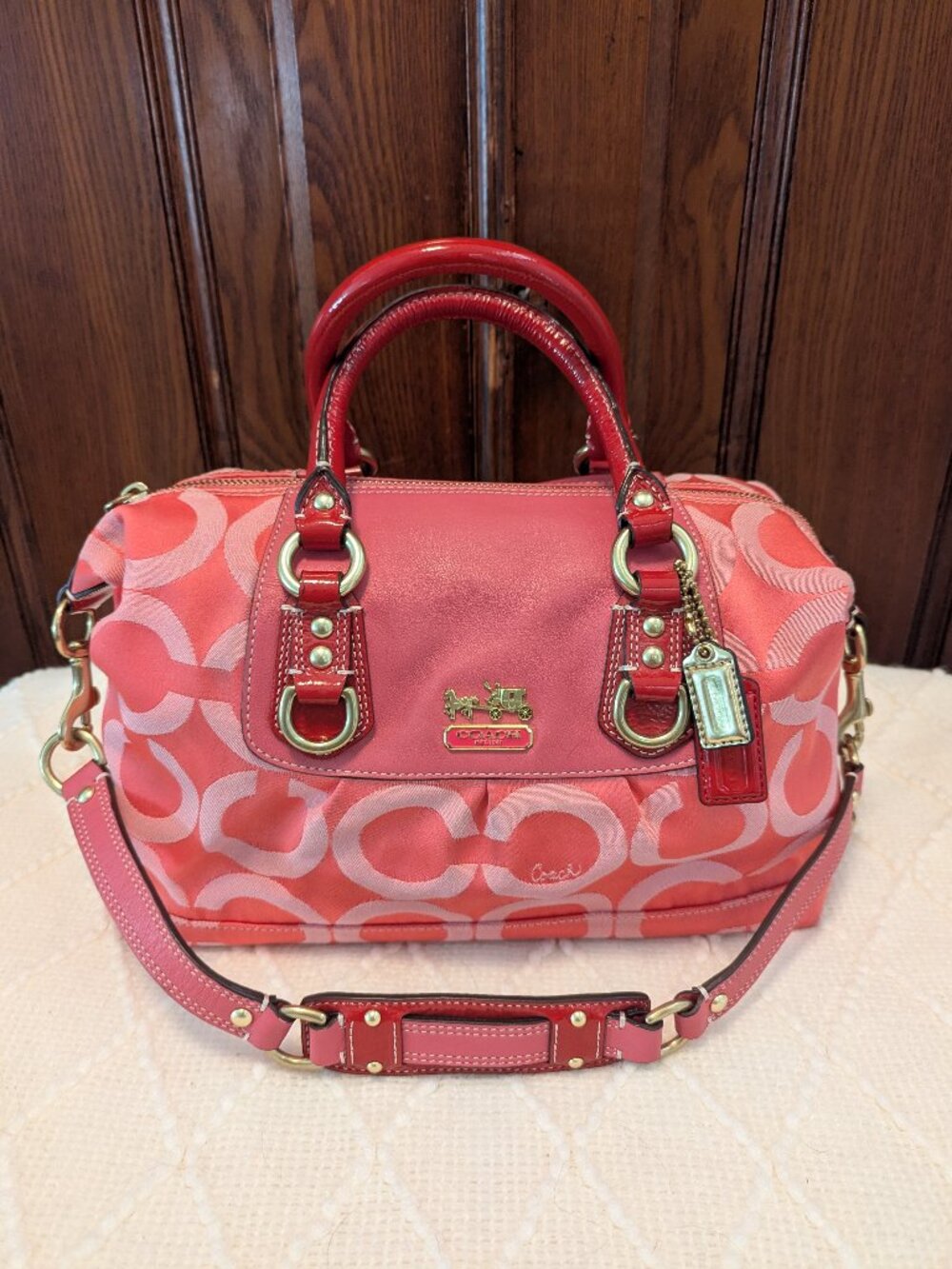 Coach Madison Sabrina Signature Pink Satchel with Red Patent Leather Trim